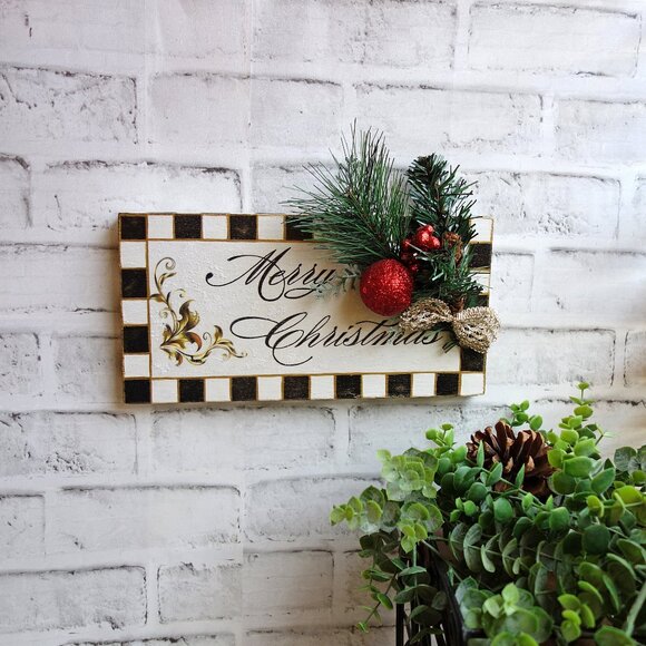 Checked Merry Christmas Sign Checked Ornament Checked Holiday Courtly Decor - Picture 7 of 10